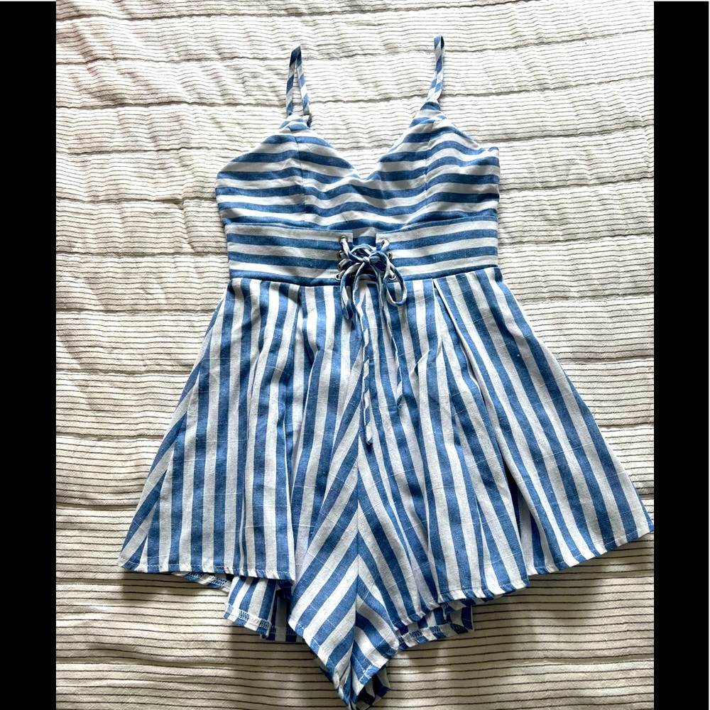 EUC SEEK THE LABEL Blue/White striped romper.         SIZE XS